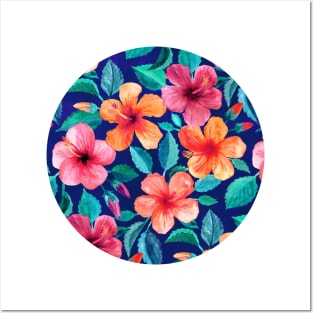 Colorful Watercolor Hibiscus on Indigo Blue Posters and Art